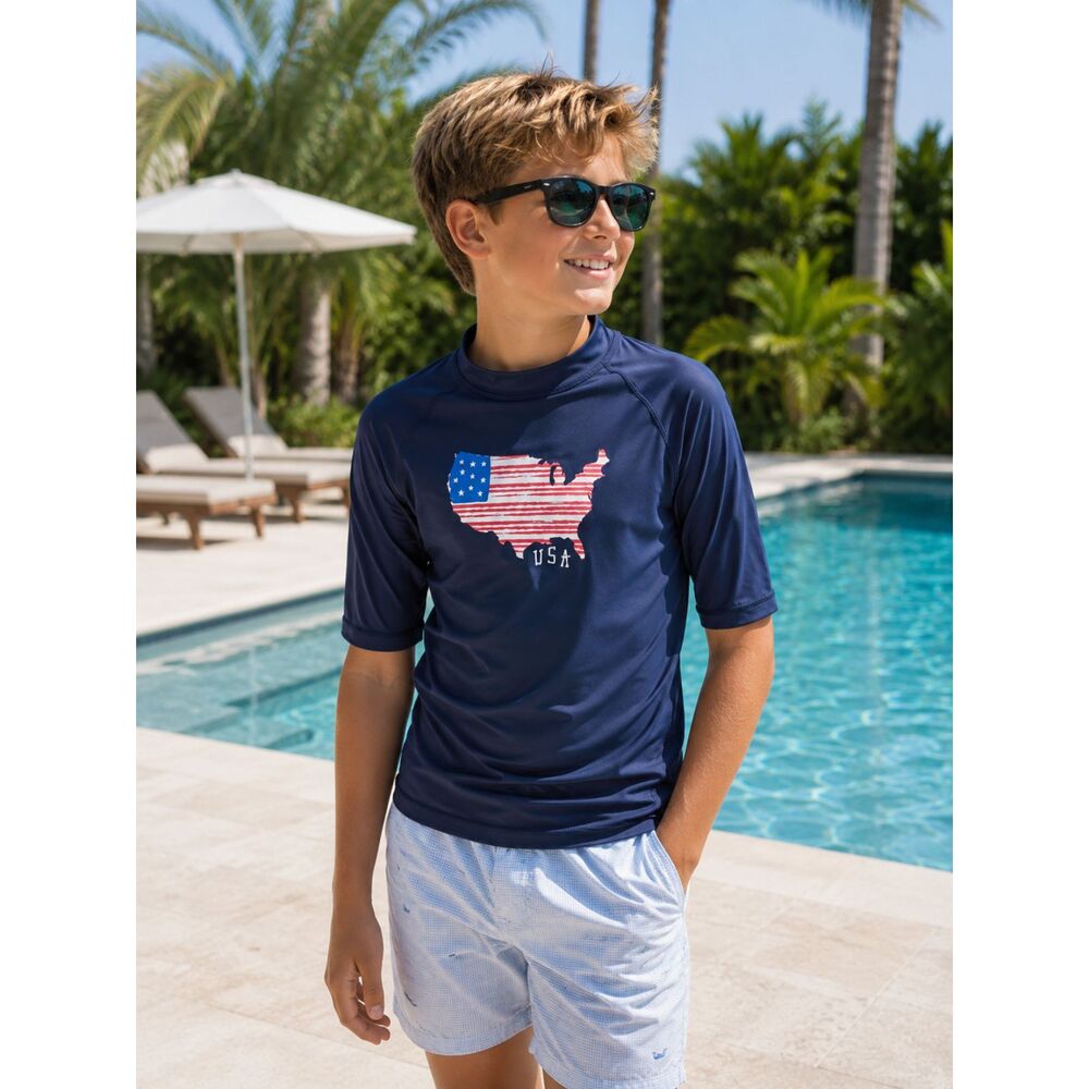 Boys Navy Blue USA Cherokee Rashguard Swim Map American Flag 8-10